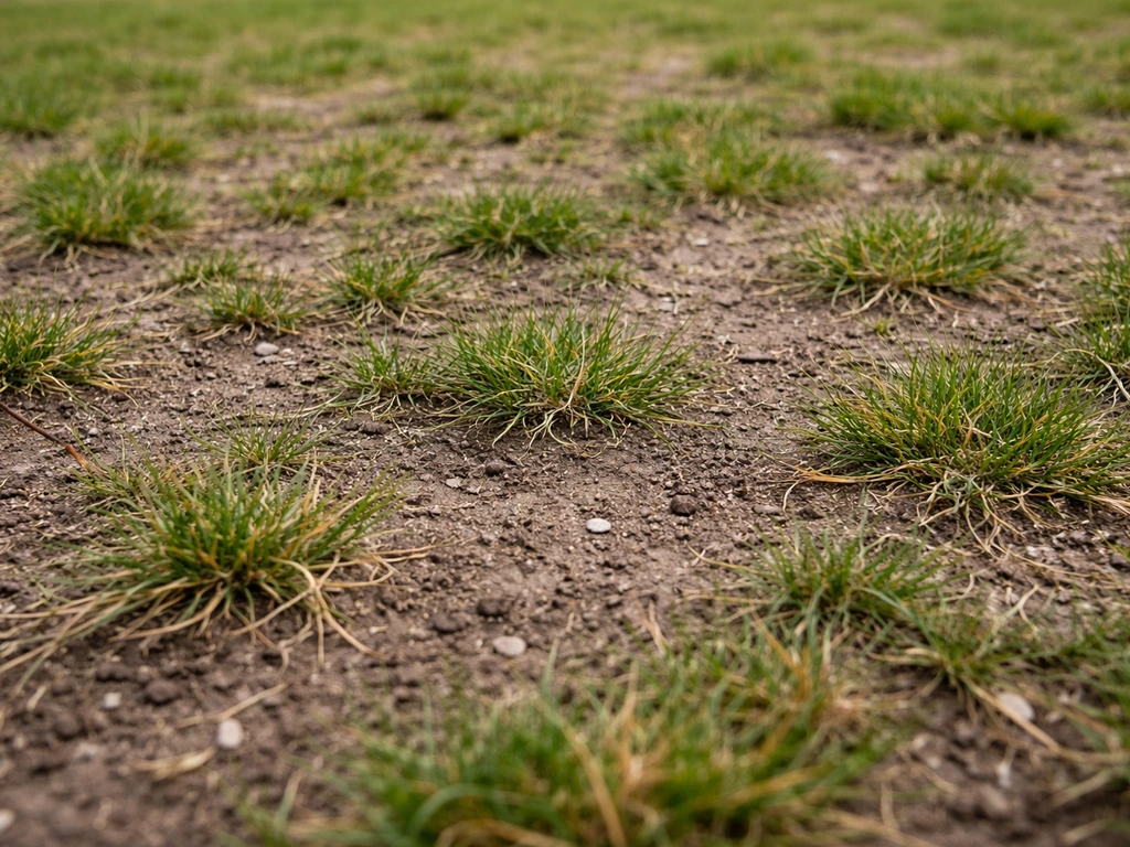 Pelouse clairsemée : terre nue visible entre les touffes d’herbe, faible densité.