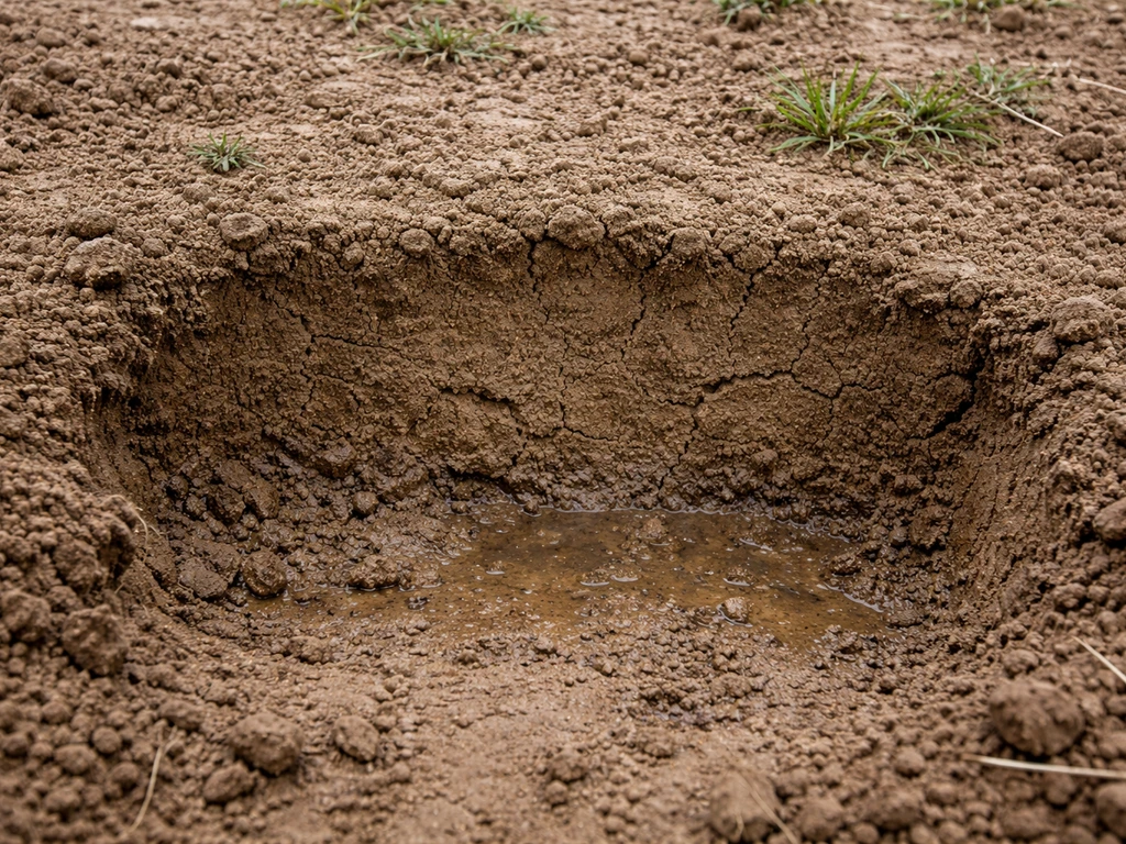 Coupe d’un sol de jardin compacté et humide, avec mottes et zone difficile à pénétrer.