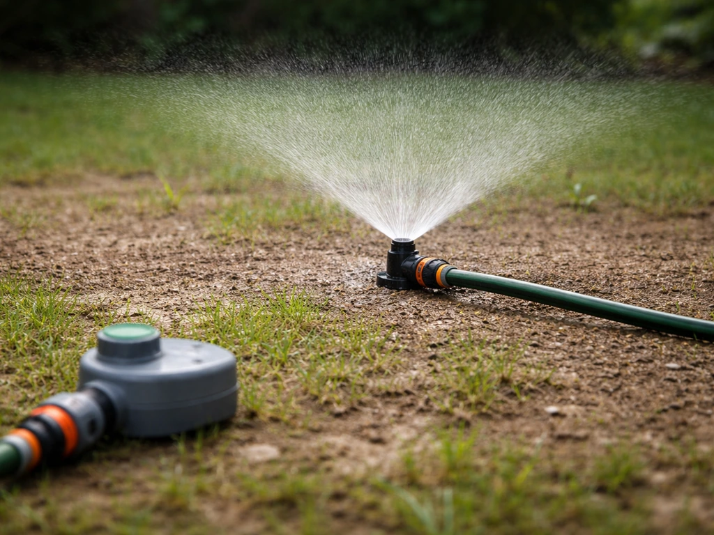 Arroseur oscillant sur une pelouse fraîchement semée, programmateur d’arrosage au sol, première humidification.