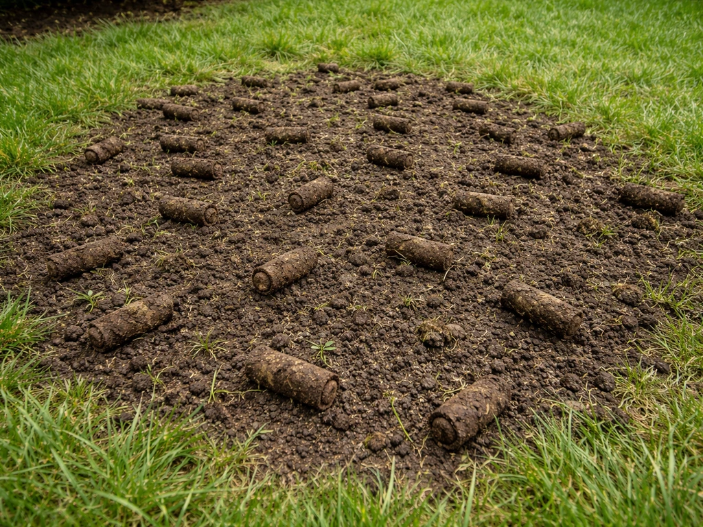 Vue au sol d’une zone décompactée avec carottages et petites mottes de terre, prête à être entretenue.