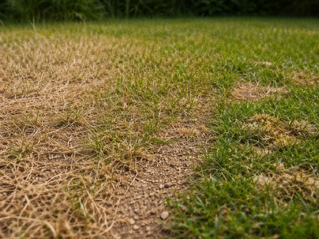 Pelouse en trois zones : très sèche, zone plus chaude et micro-taches évoquant un début de maladie.