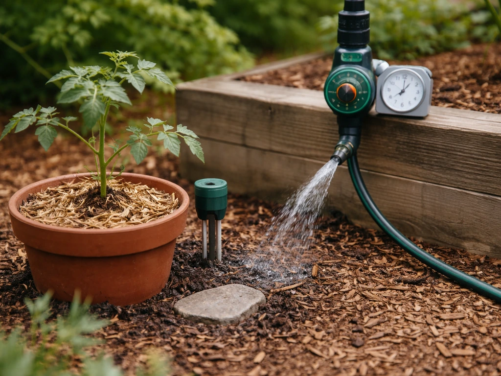 Jardin minimal : arrosage doux, programmateur discret et mesure d’humidité du sol près d’une plante en pot.