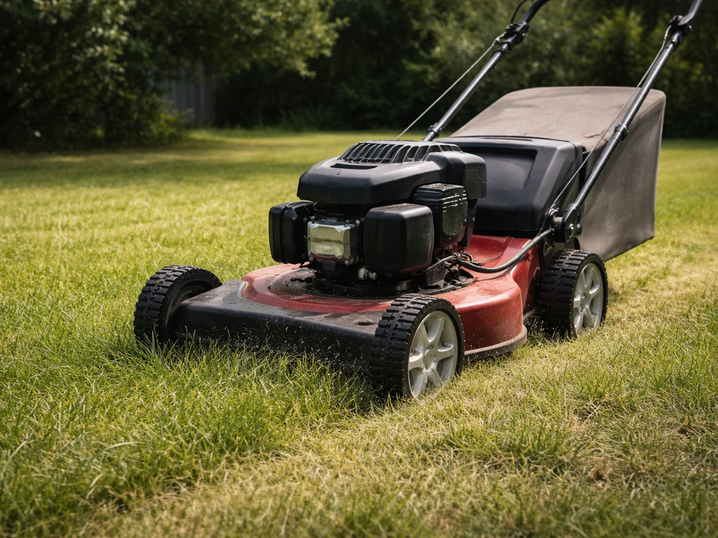 Tondeuse sur gazon en canicule, hauteur de coupe relevée au-dessus de l’herbe, sans personne.