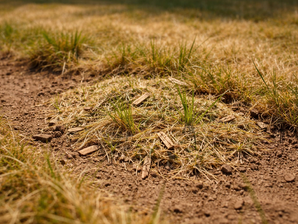 Paillage léger sur une bordure de pelouse en plein soleil, sol et brins d’herbe partiellement protégés.