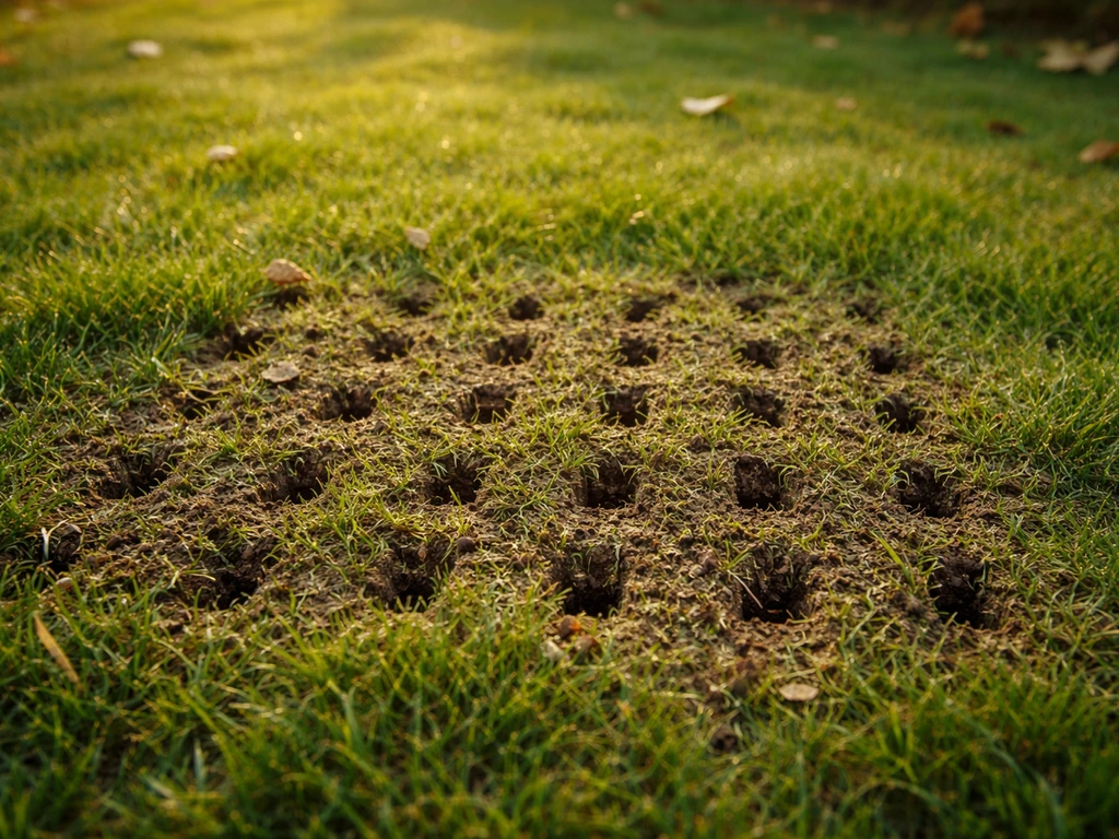 Passage d’un aérateur sur une pelouse compacte : traces d’ouverture du sol et herbe humide, lumière naturelle.