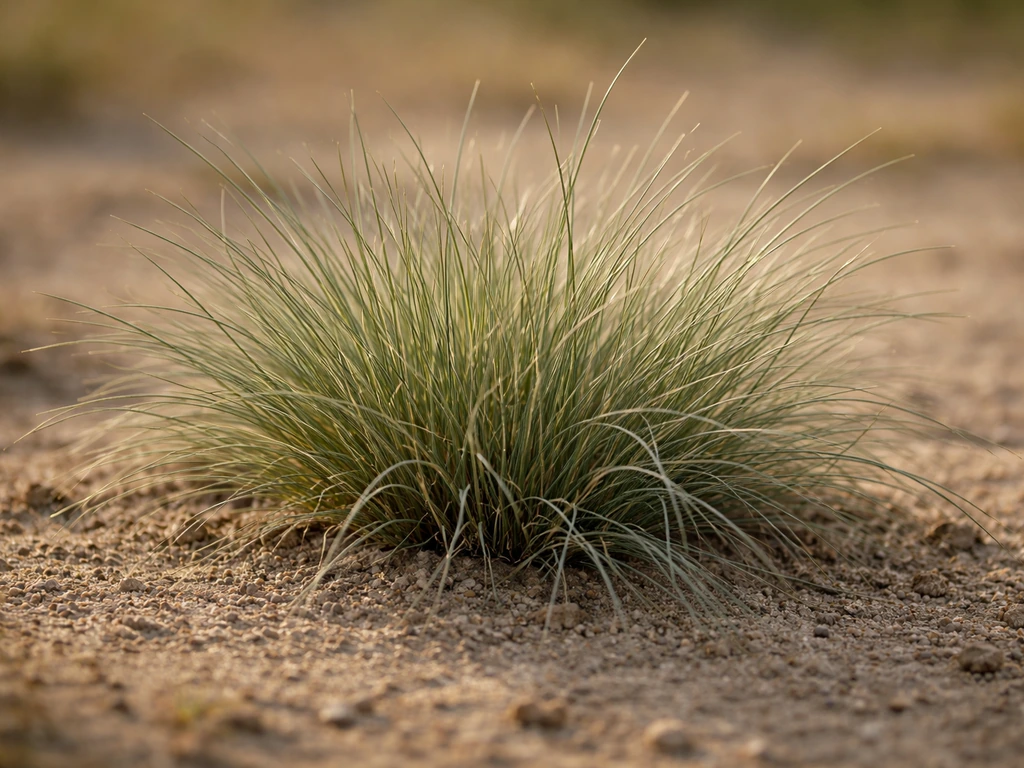 Gazon en gros plan : brins de fétuque denses verts, texture naturelle, sol sec en arrière-plan flou