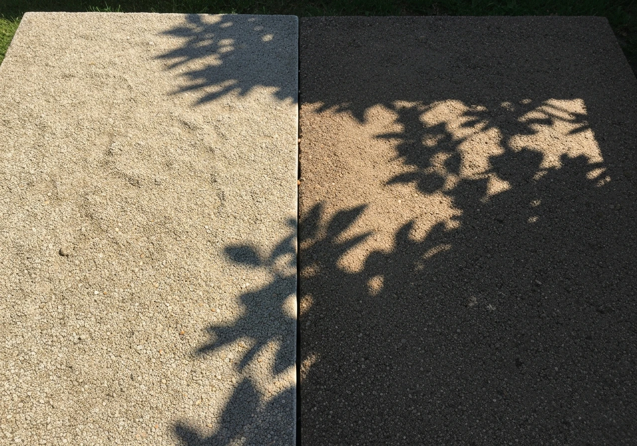 Deux zones de sol caillouteux côte à côte : plein soleil au sud vs mi-ombre, lumière contrastée.