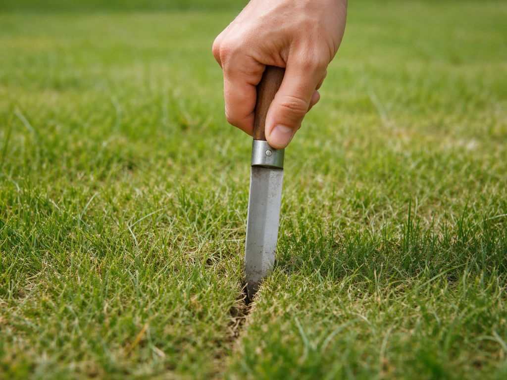 Lame de couteau enfoncée dans la pelouse pour tester la compaction du sol.