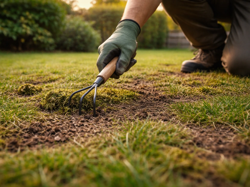 Pelouse rénovée avec zones ouvertes et terre visible entre les brins, jardinier en arrière-plan flou.