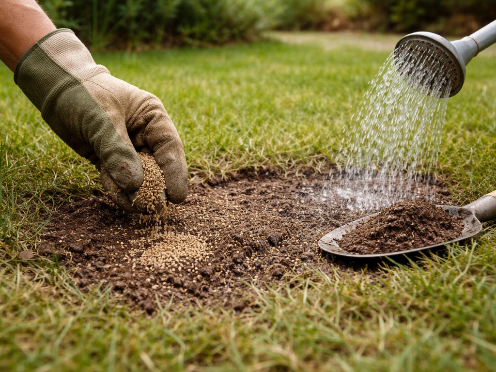 Main gantée semant des graines de gazon, recouvertes de sable/terreau, arrosage de démarrage en pluie fine.