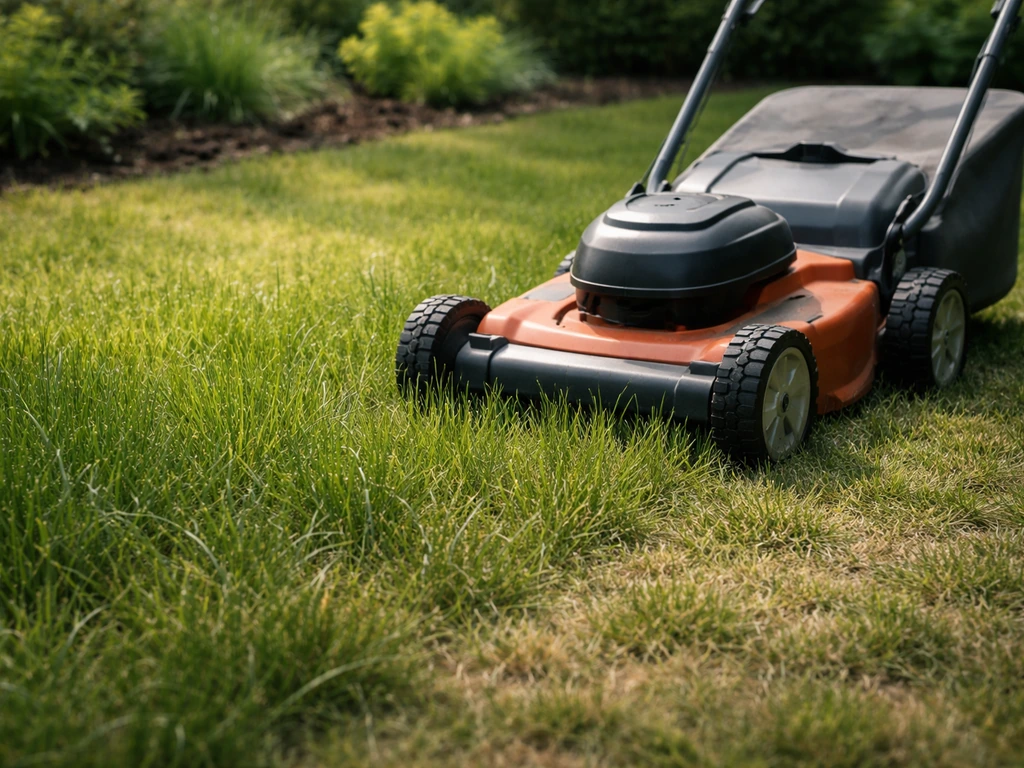 Pelouse d’été avec brins plus longs (6–8 cm) et tondeuse à gazon réglée, jardin partiellement regarnie