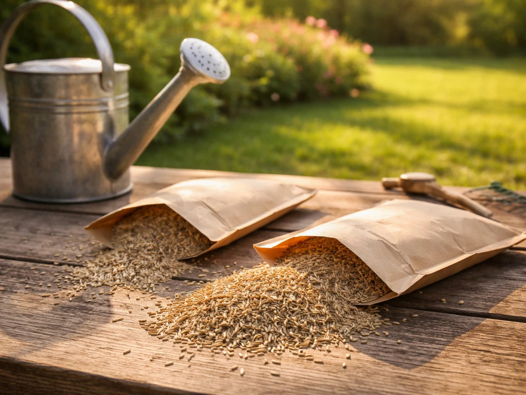 Sachets ouverts de semences et graines de gazon sur une table de jardin au soleil, arrière-plan flou.