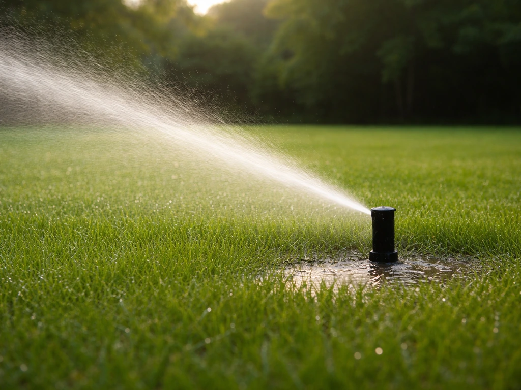 Arroseur de pelouse programmée arrosant tôt le matin, sol bien humidifié, gazon vert en plein soleil