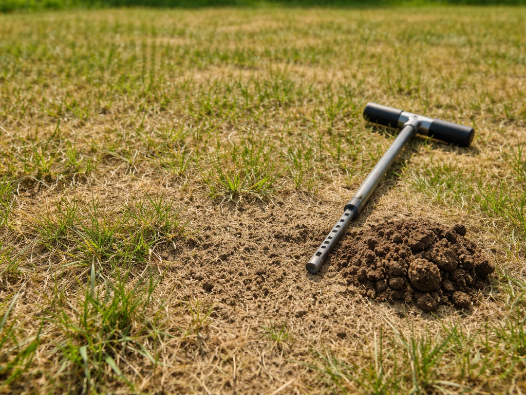 Pelouse clairsemée et jaunie en plein soleil, avec outil de test simple sur le sol pour vérifier le compactage.