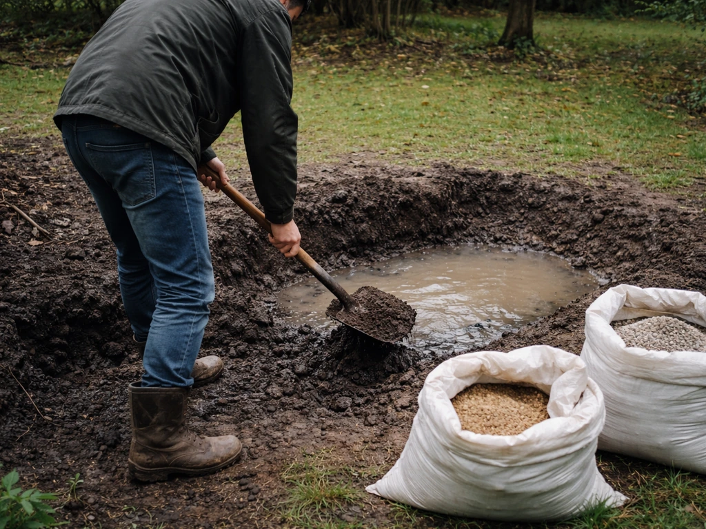 Homme au jardin retirant la terre humide pour améliorer le drainage, avec sable et granulats grossiers