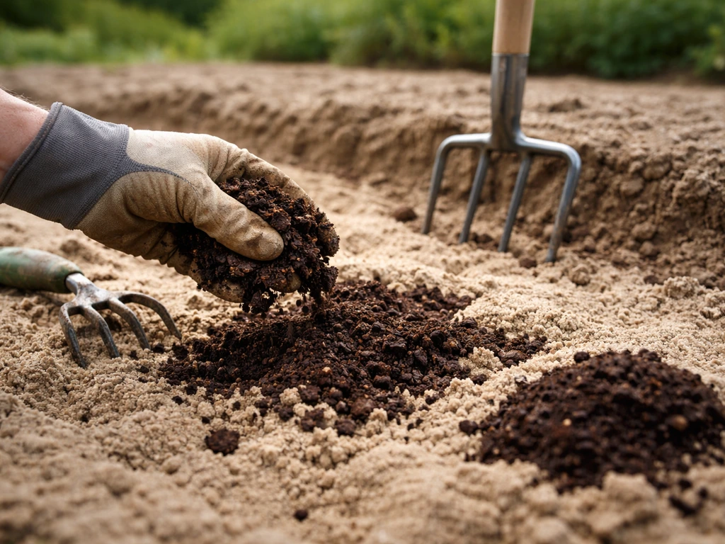 Main gantée incorporant du compost dans une terre sableuse, outils de jardin et sol meuble visibles.