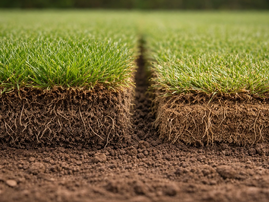 Gros plan comparant deux bases de gazon : racines denses pour le gazon stabilisé vs base plus fine.