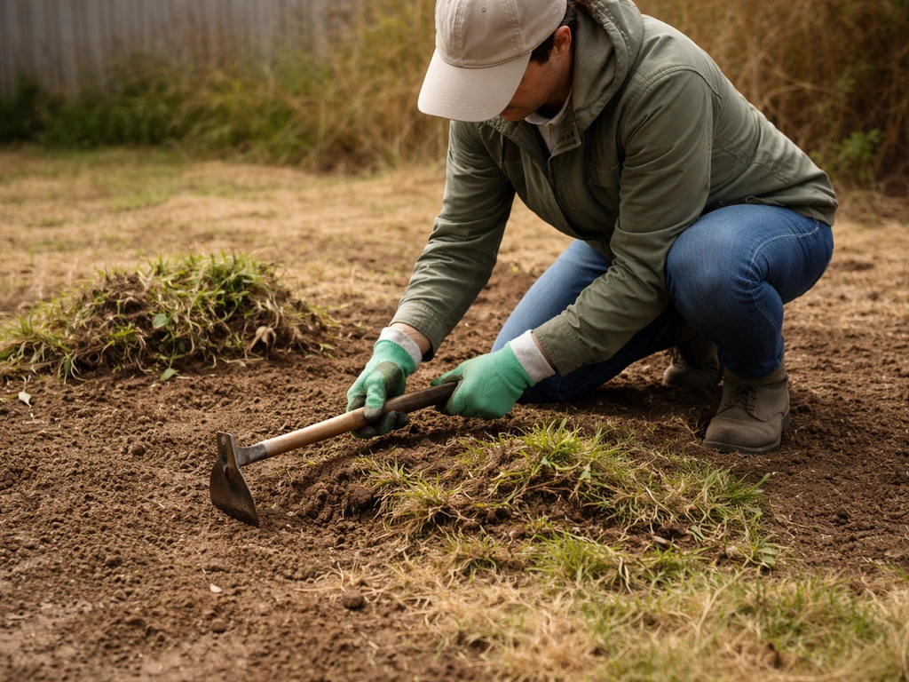 Personne au jardin retirant l’ancien gazon et les mauvaises herbes avec un outil, résidus ramassés au premier plan.