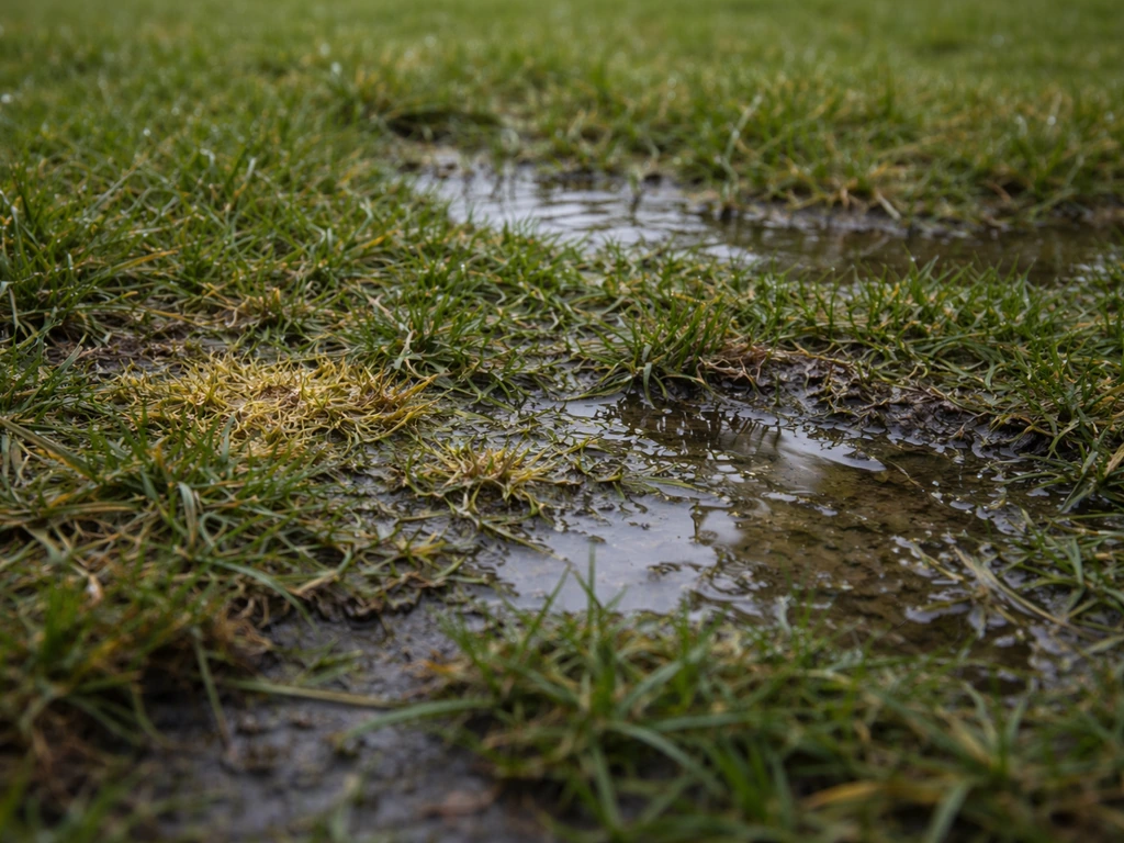 Gazon détrempé après la pluie, plaques jaunâtres et petites flaques visibles entre les brins.