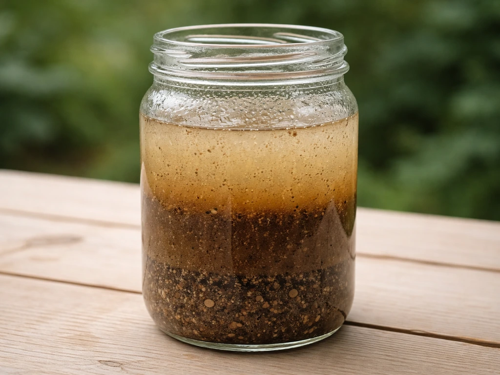 Bocal en verre avec terre et eau, agitation puis décantation avec couches visibles pour identifier le type de sol.