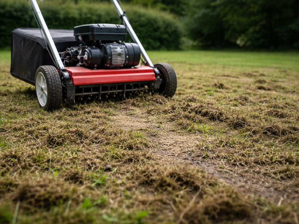Scarificateur retirant le feutre sur une pelouse résuyée, sol qui s’ouvre avec résidus au sol.