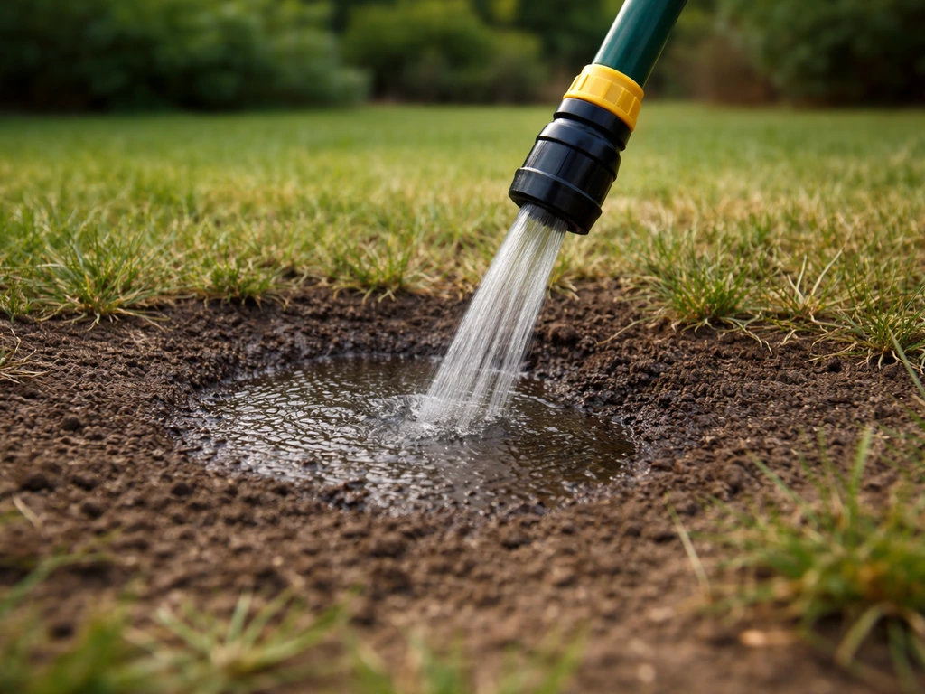 Arrosage en profondeur au sol, tuyau diffusant l’eau sur une pelouse, sol nettement humidifié sans eau stagnante.