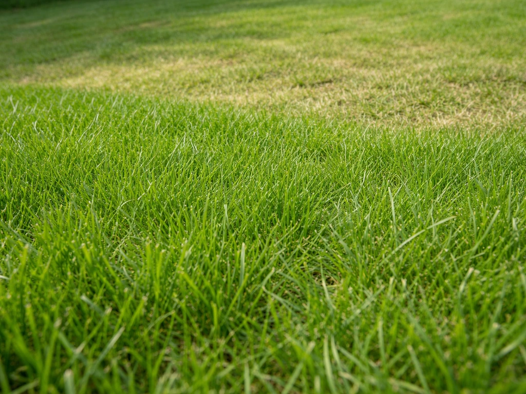 Pelouse en récupération avec brins plus longs et tonte trop courte visible en arrière-plan, lumière naturelle.