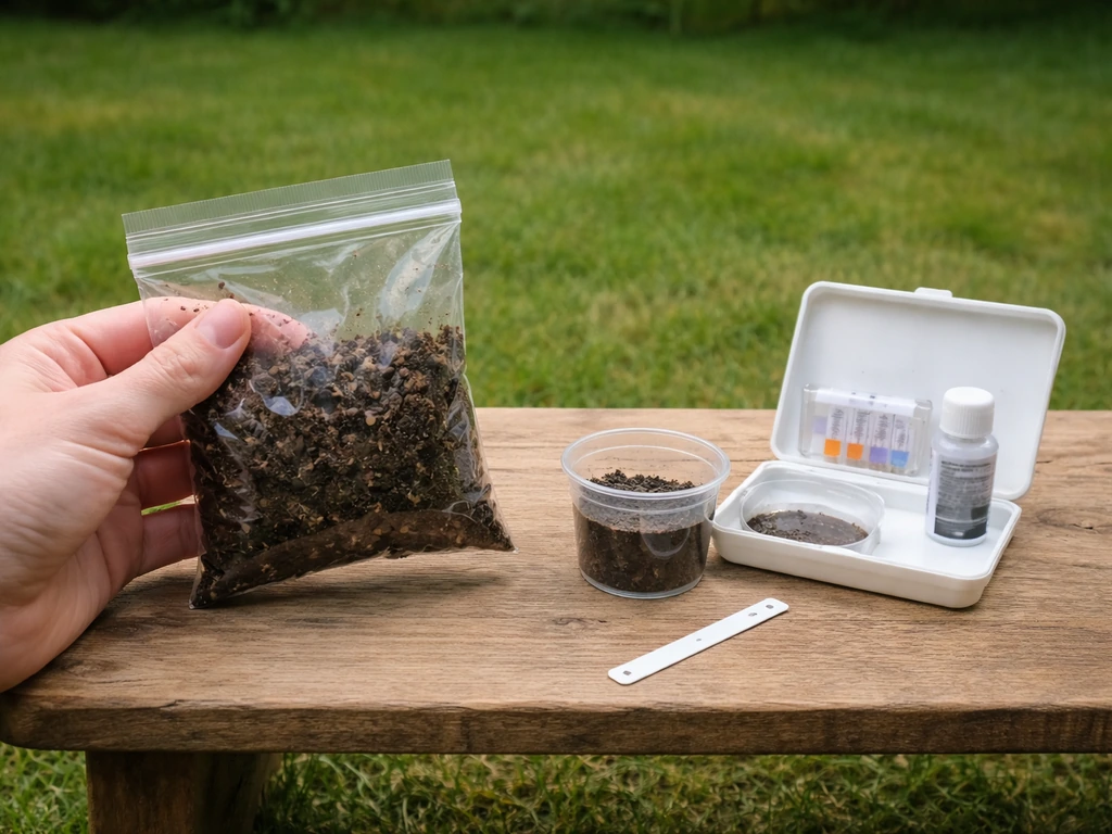 Main avec un petit pot d’échantillon de terre près d’un kit de mesure de pH, jardin au premier plan.