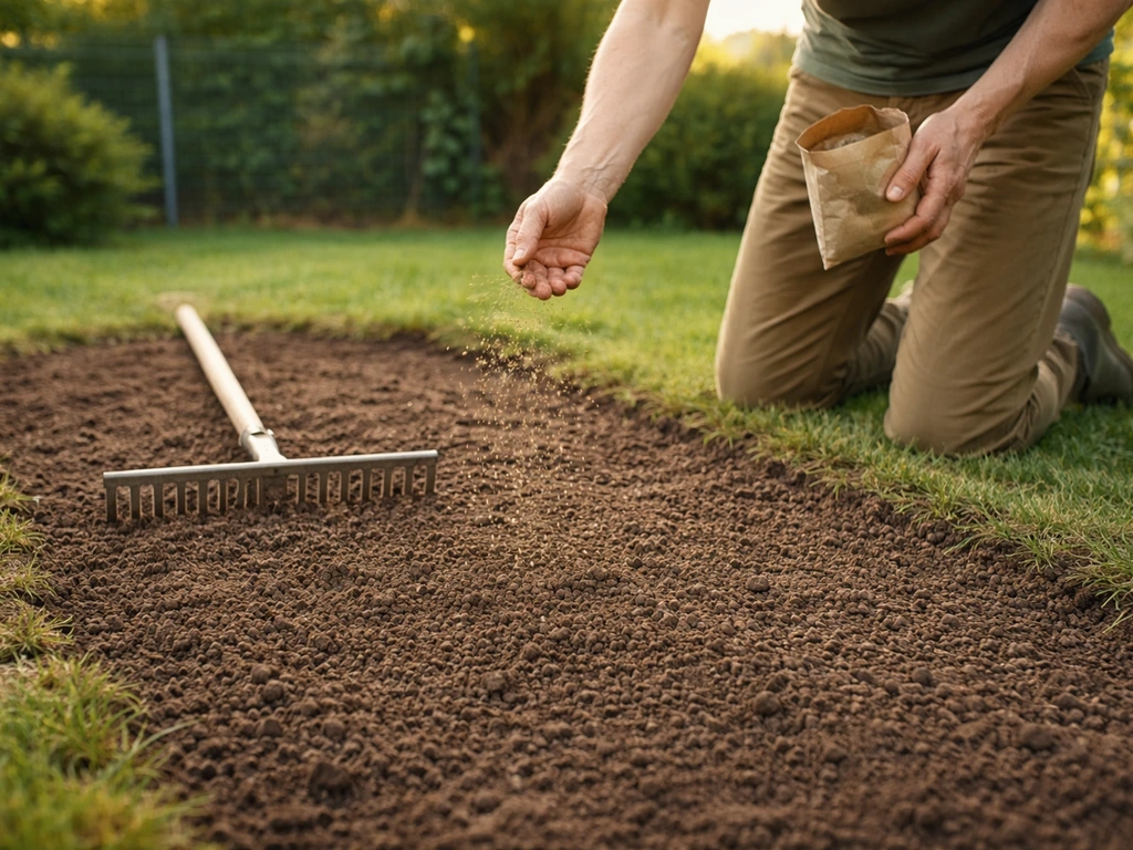 Un râteau affine un sol meuble 3–5 cm ; des graines sont semées en passes régulières dans le jardin.
