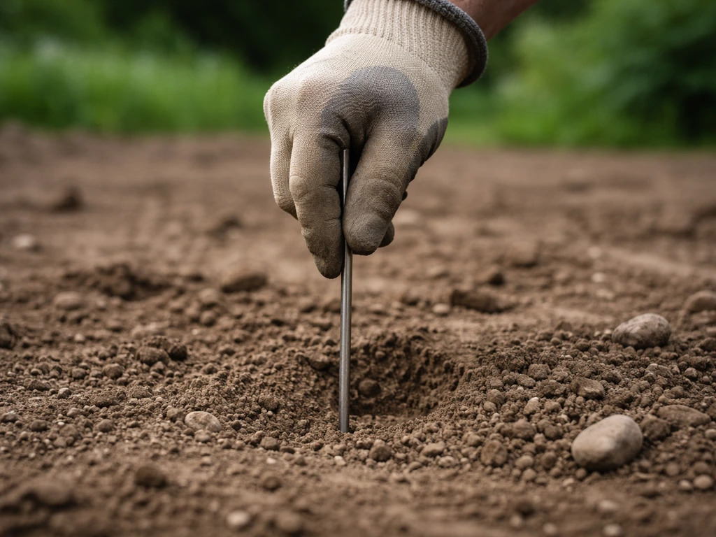 Une main gantée enfonce une tige métallique dans la terre pour vérifier la présence de cailloux.