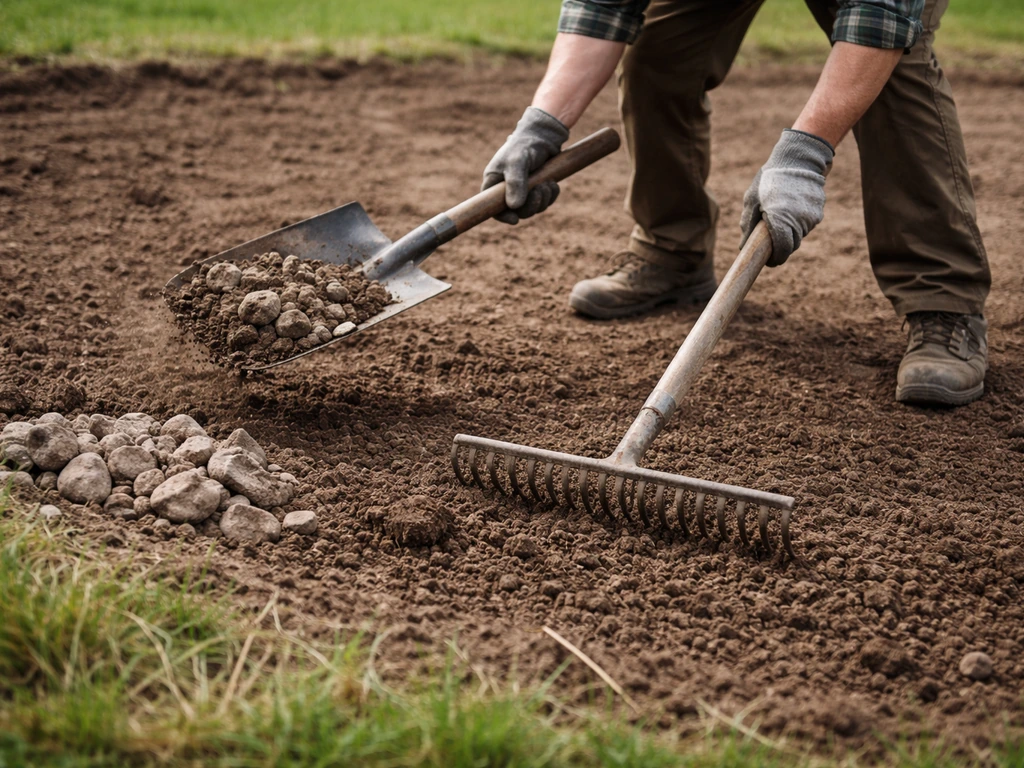 Mains de jardinier déblayant le sol avec pelle et râteau, pierres mises de côté, terre meuble nivelée.