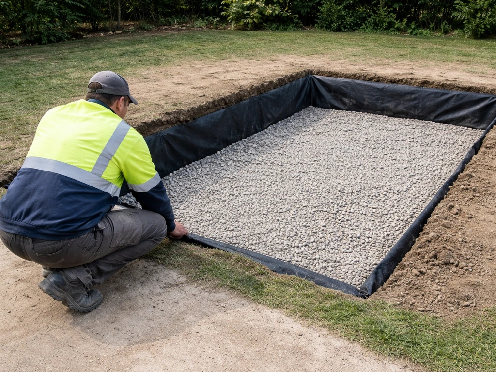 Ouvrier sur un chantier, sol décapé avec gravier drainant et géotextile en cours de pose.