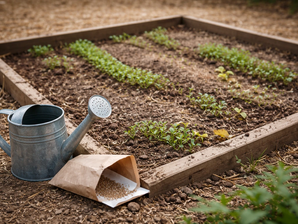 Carré de potager avec levée irrégulière et quelques feuilles jaunies, arrosoir et graines pour un re-semis local.