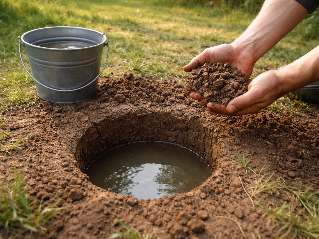 Un trou d’infiltration creusé dans la terre, rempli d’eau, près d’un seau et d’une poignée de sol humide.