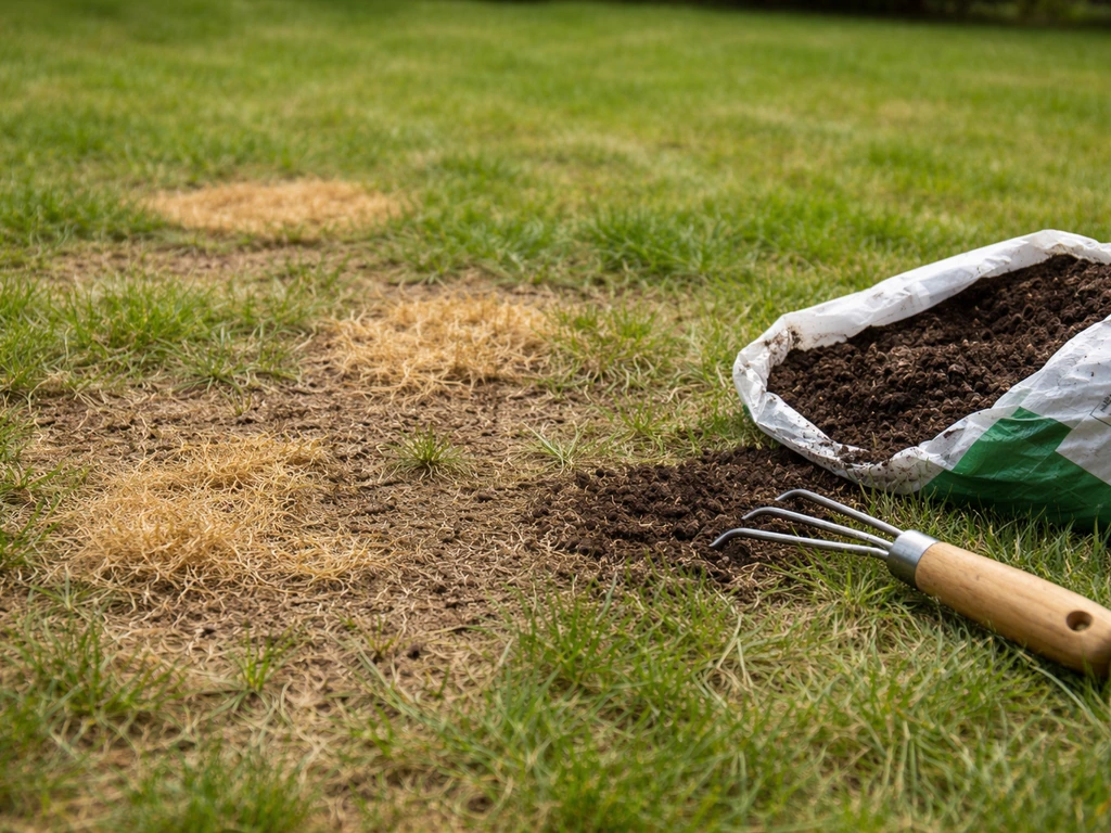Pelouse jaunie avec petites zones nues, un outil de jardinage et un sol préparé pour ressemer.