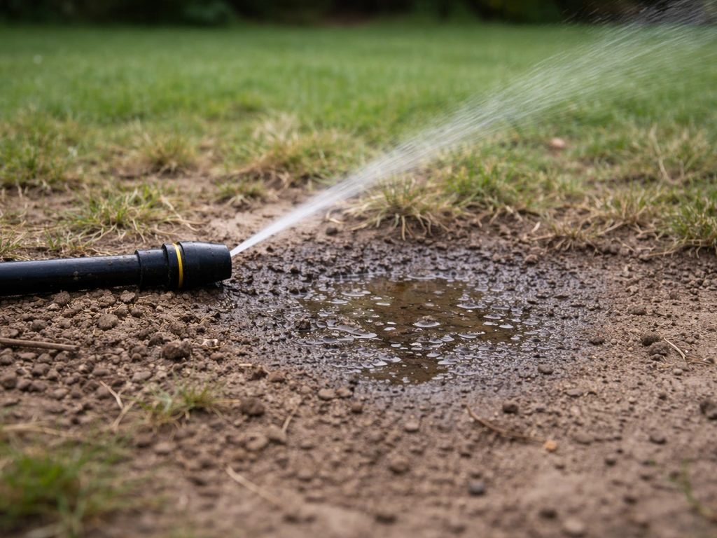 Arroseur de pelouse arrosant en profondeur un sol sombre et humide, avec une pénétration visible de l’eau