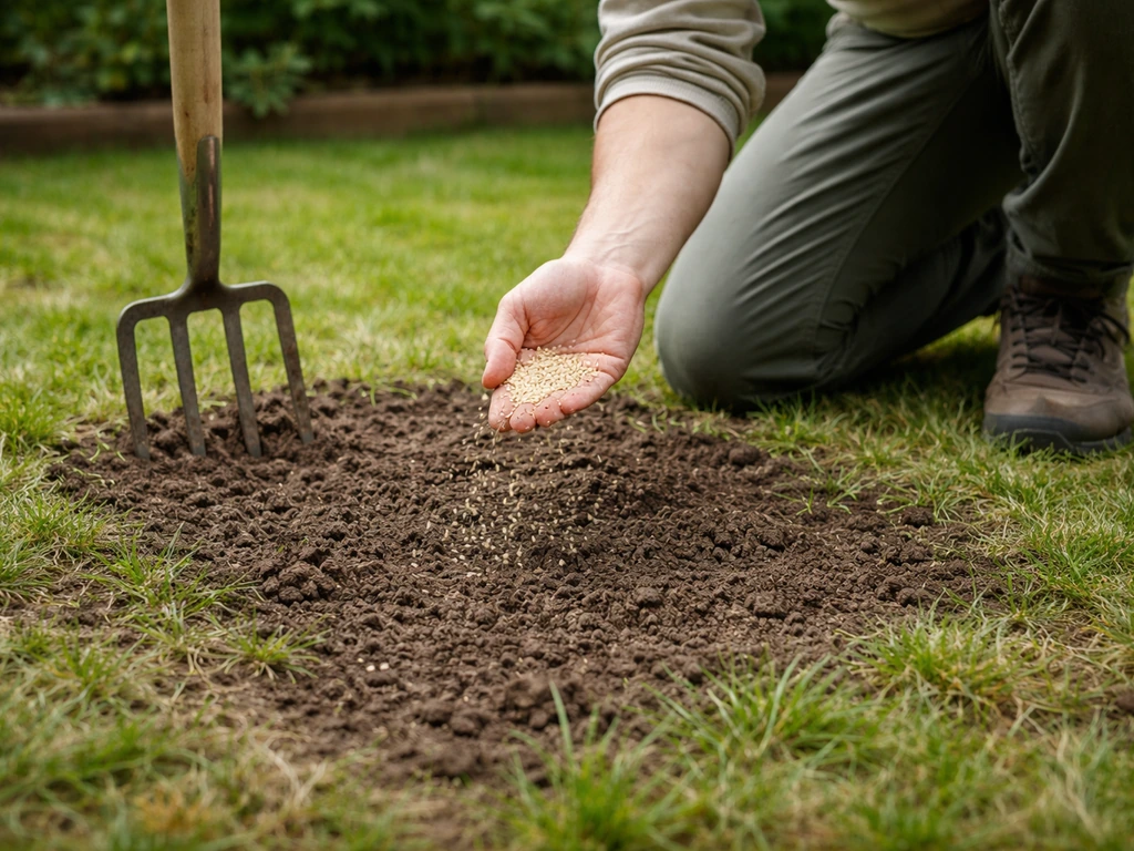 Jardinier au sol qui ameublit avec une fourche-bêche, puis dépose des graines pour ressemer des zones mortes.