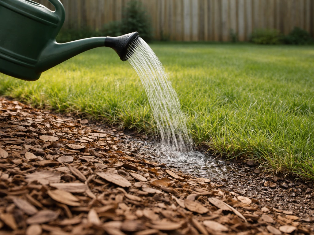 Arrosoir versant de l’eau sur une pelouse avec paillage naturel au pied, évoquant arrosage en profondeur.