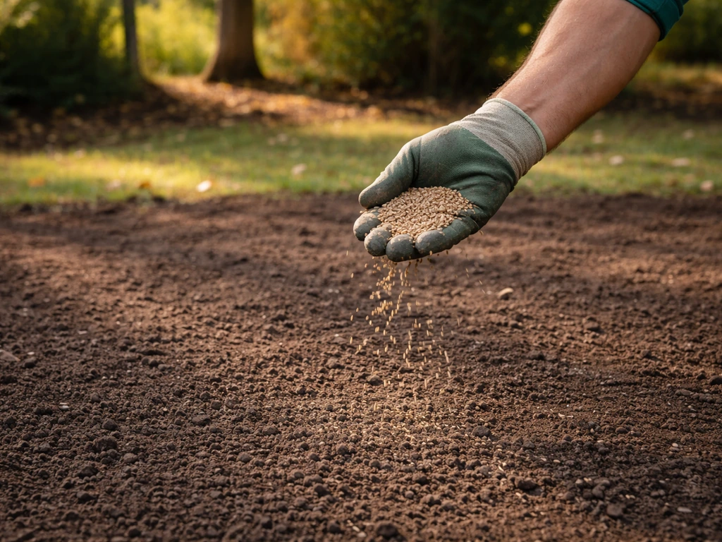 Semis d’automne d’un gazon à l’ombre, épandage régulier depuis un sac, sol préparé près d’arbres.