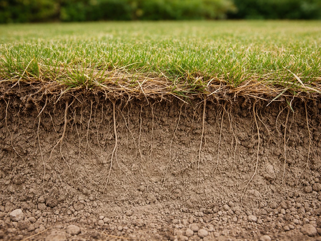 Gazon vert près du sol, coupe du terrain montrant des racines profondes et un sol couvert par le feuillage.