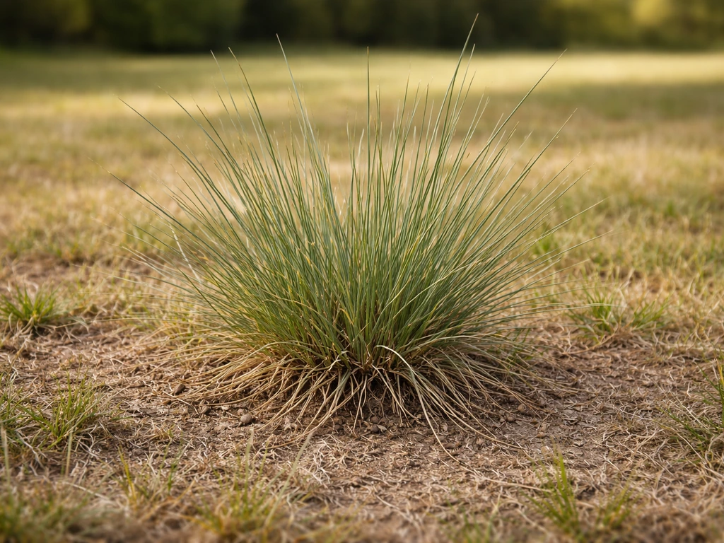 Touffes de fétuque élevée vert-gris dans une pelouse sèche, gros plan naturel d’herbes résistantes