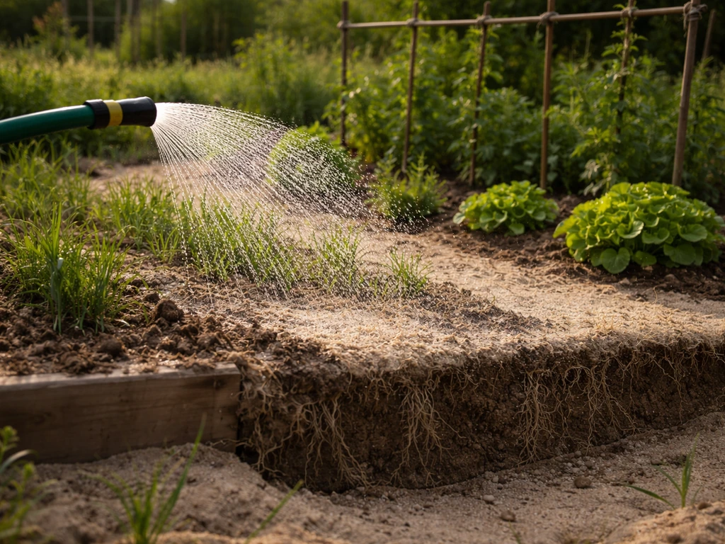Sol sableux de jardin avec arrosage fin et motte montrant un enracinement plus profond.