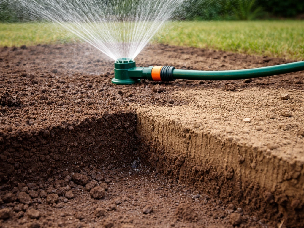 Arrosage d’un jardin avec zone humide plus foncée jusqu’à 5–10 cm, suggérant un arrosage plus profond.