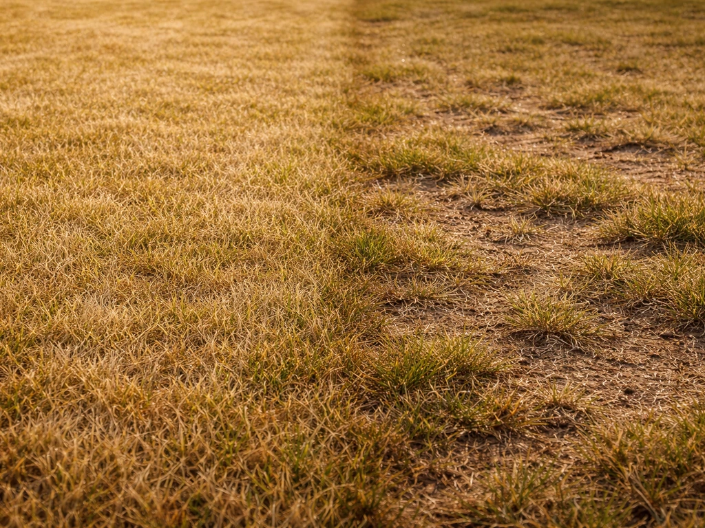 Pelouse en canicule : zone jaunie en dormance à gauche, zones brunes irrégulières à droite.