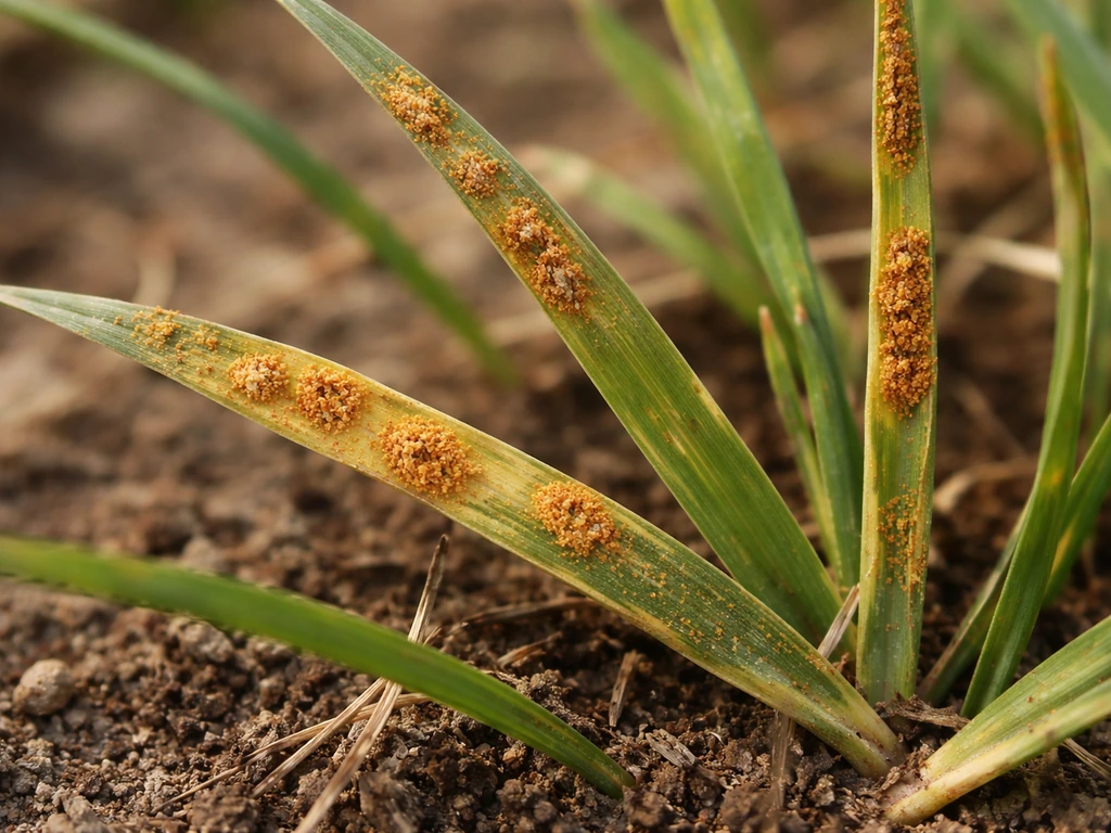 Gros plan de brins de gazon présentant des traces rouille, avec petites pustules visibles.