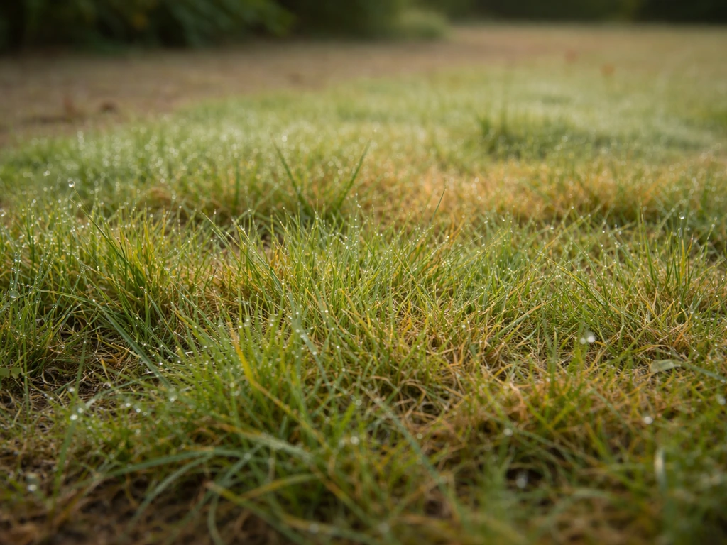 Gazon méditerranéen couvert de rosée, début de jaunissement suggérant des conditions favorables à la rouille.