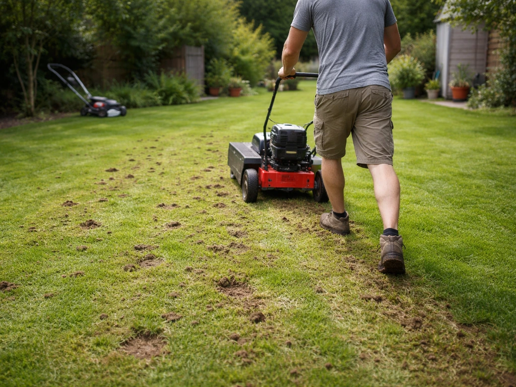 Travail au scarificateur et carottage sur une pelouse, sol aéré avec terre visible pour améliorer le drainage.