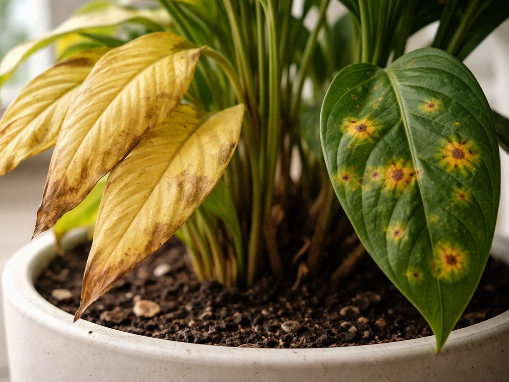 Feuilles de plante avec jaune paille diffus et taches rondes plus nettes, vue rapprochée et naturelle.