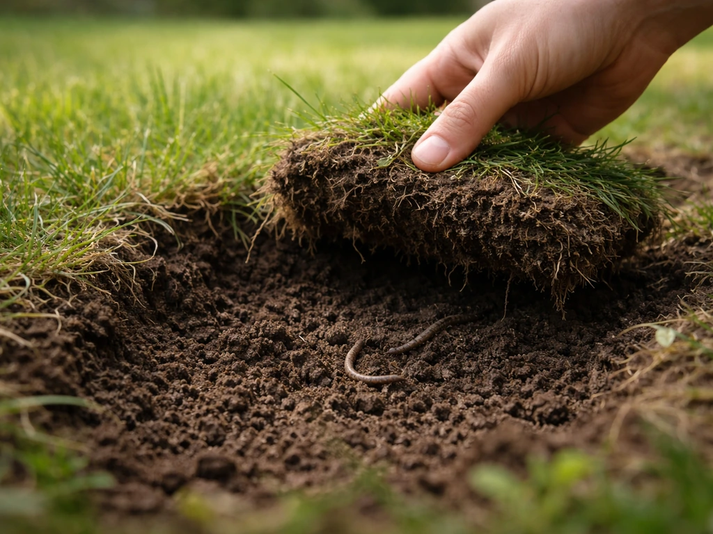 Main soulève une motte de terre dans un jardin, on voit un sol sombre et humide avec quelques vers.