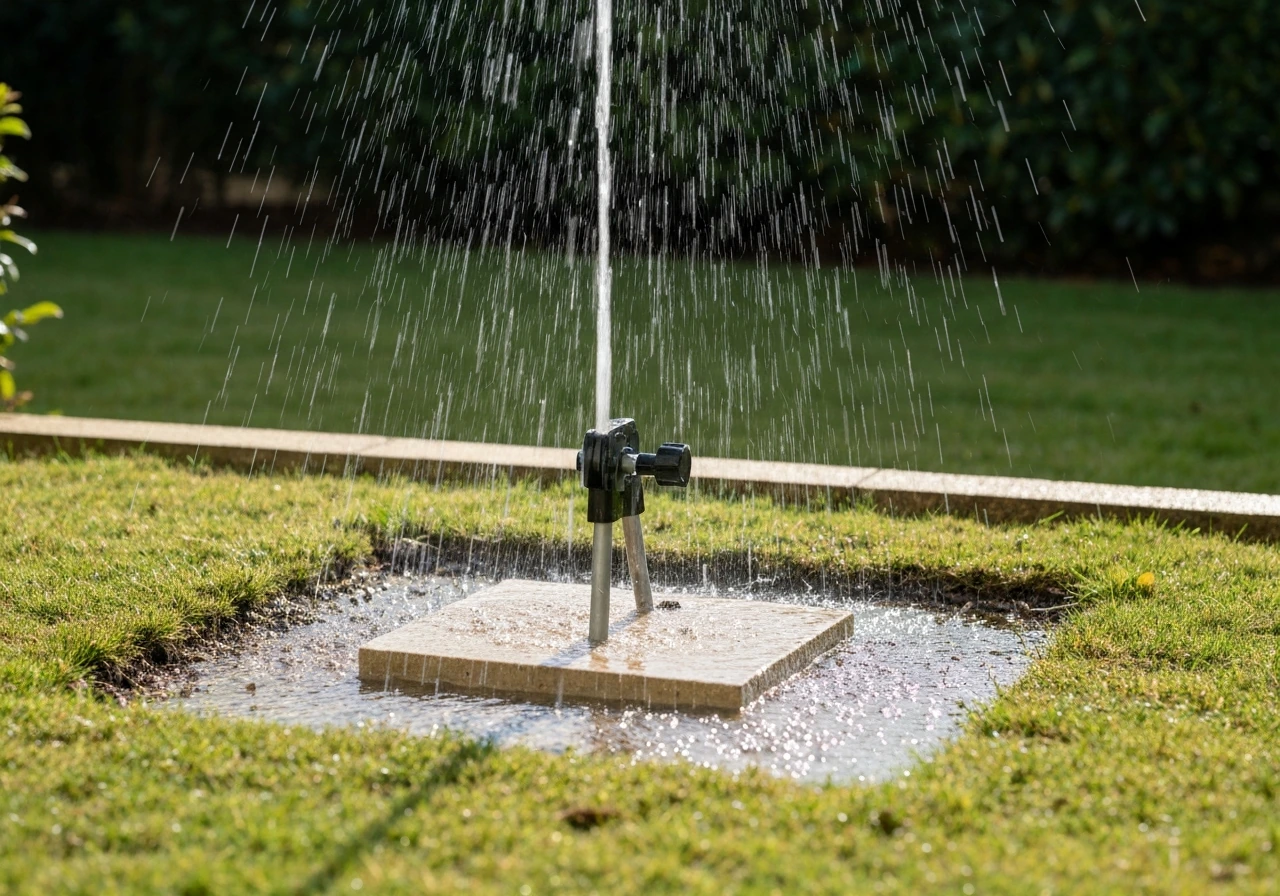 Arroseur de jardin réglé, eau tombant uniformément au sol autour d’une plaque, sans ruissellement.